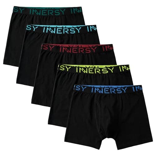 Image of INNERSY Boys Boxers Multipack Cotton Underwear Black Underpants with Fly Pants Trunks 5 Pack (12-14 Years, 5 Classic Black)