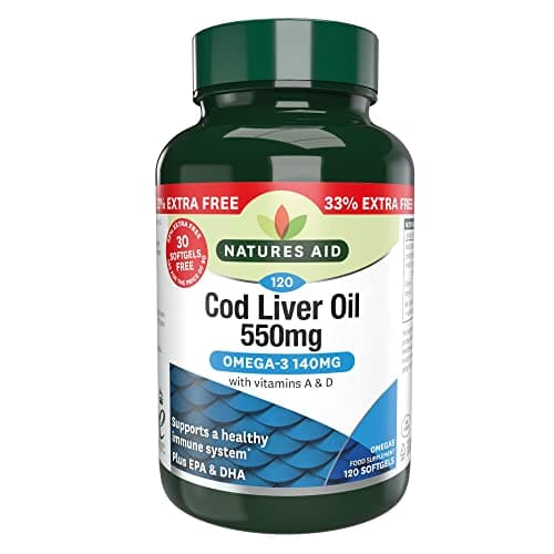 Image of Natures Aid Cod Liver Oil 550mg Softgels – High Strength Omega-3 Fish Oil with Vitamins A, D Plus EPA & DHA – Supports Healthy Immune System Heart Health Brain Vision Joints – Non-GMO – 120 Capsules