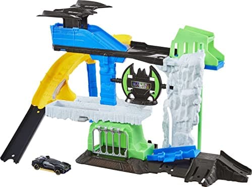 Image of Hot Wheels Toy Car & Track Set, DC Batcave Playset with 1:64 Scale Batman Character Car, Includes Storage