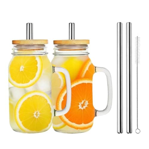 Image of 700ml Mason Jar Cups Set of 2, Mason Jars with Handle, Mason Jar Drinking Glasses with Lid and Straw, Transparent Can Shape Beer Glasses for Smoothies Juice Coffee Cocktail Whiskey