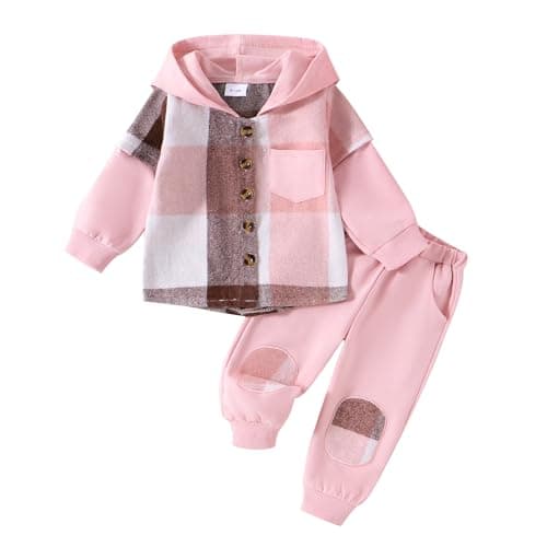 Image of WWAYBEI Toddler Baby Girl Clothes 6 12 18 24 Months 2 3 4 Years Girls Fall Outfits Long Sleeve Contrast Color Hoodie Plaid Sweatshirt Top Tracksuit Pants Set (Pink, 18-24 Months)