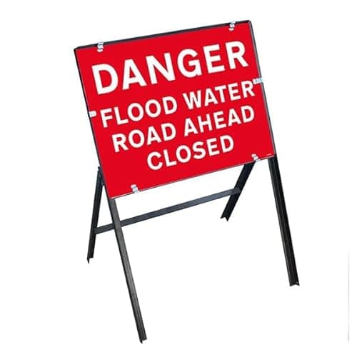 Image of V Safety Danger Flood Water Road Ahead Closed Sign - Temporary Road Closure Flood Warning Sign with 900 x 600mm Folding Steel Stanchion Frame - Red 600 x 450mm Plastic Sign for Traffic Control