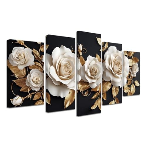 Image of CXHOSTENT Flower Canvas Wall Art 5 Pieces White and Gold Floral Pictures Abstract Elegant Floral Painting Print Large Artwork for Bedroom Office Decor Framed (Black, 8x14inx2 8x18inx2 8x22inx1)