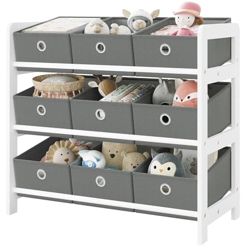 Image of Lestarain Toy Storage Unit with 9 Removable Boxes, Kids Storage Shelf Toy Organiser Bookshelf, for Nursery, Playroom, Study, Bedroom, Living Room, White+Grey