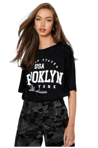 Image of T-Shirts for Women Short Sleeve Round Neck Oversized Slogan Printed Tshirt Long Casual Summer Baggy Fashion Ladies Tees Plus Size Tshirts Tops Brooklyn New York-Black-XL