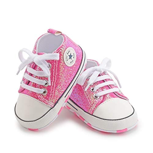 Image of BAIELey walk in the clouds Baby Boys Girls Infant Canvas Sneakers High Top Lace up Bling Sequins Soft Sole Newborn First Walkers Shoe (Pink 0-6 Months)