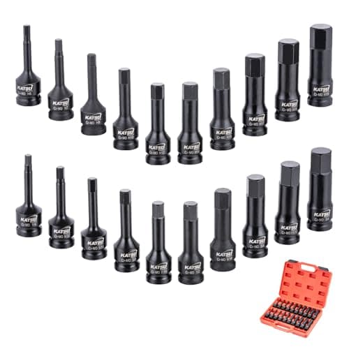 Image of KATSU Tools 1/2-Inch Drive Impact Hex Allen Bit Socket Set 20 PCs, Metric and Imperial Size, H6 - H19 and H1/4" - H3/4", CR-MO Steel, 78mm Length 420413
