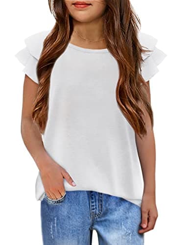 Image of Arshiner Girls T-Shirts Wavy Sleeves Kids Summer Cotton Short Sleeve Tops Casual Fashion Round Neck Tshirt for Girls 10-11 Years White
