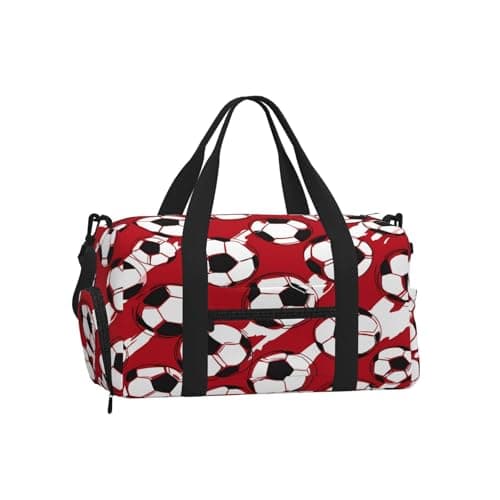 Image of Ginfult Red White Soccer Football Sports Gym Bag with Shoe Compartment & Wet Pocket, Travel Holdall Waterproof Workout Overnight Weekender Bag for Women Men