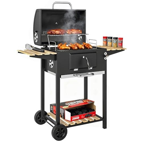 Image of Outsunny Charcoal BBQ Grill with Height Adjustable Charcoal Pan, Warming Rack, 3 Shelves, Barbecue Smoker with Temperature Gauge, Wheels, Bottle Opener for Outdoor Cooking Garden Party
