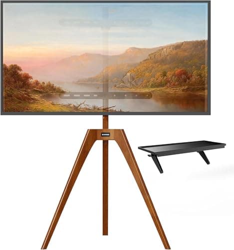 Image of PUTORSEN Easel TV Stand Tripod for Universal TV 45-65 inch, Solid Beech Wood TV Floor Mount Stand with Media Shelf, Height Adjustable and 45 degree Swivel, Max VESA 400x400mm and load 88lbs