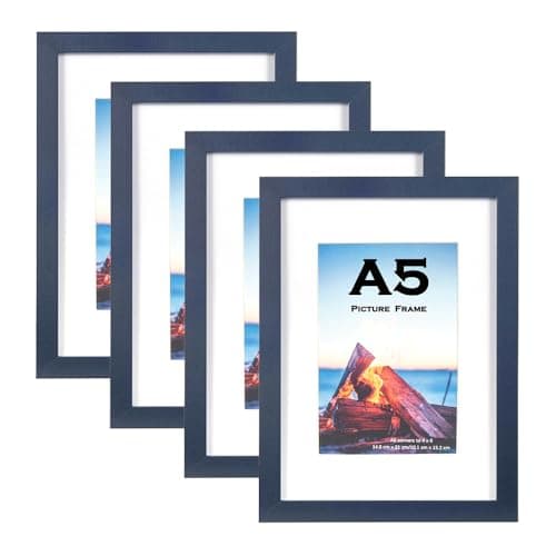 Image of Navy Blue Wooden A5 Picture Frame Set of 4, Freestanding and Wall Mountable