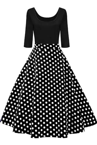 Image of AXOE Women 50s Style Floral Vintage Rockabilly Dress 3/4 Sleeves Black with White Polka Dots, UK Size 10, S