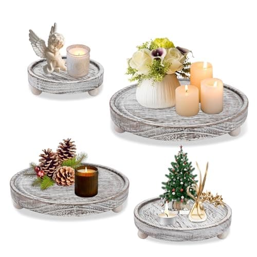 Image of Set of 4 Wooden Candle Plate Tray Riser for Display, Wood Pillar Tealight Candle Holder Farmhouse Coffee Table Centrepiece Decorative Trays for Home Wedding Xmas Housewarming Decor Table Decorations