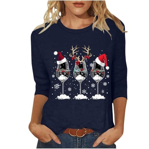 Image of Christmas T Shirts for Women UK Ladies Christmas Tops Crewneck Xmas Tops 3/4 Sleeve Tshirt Graphic Tees Dressy Shirts Santa Elk Snowflake Print Blouse 2025 Fashion Clothes Navy