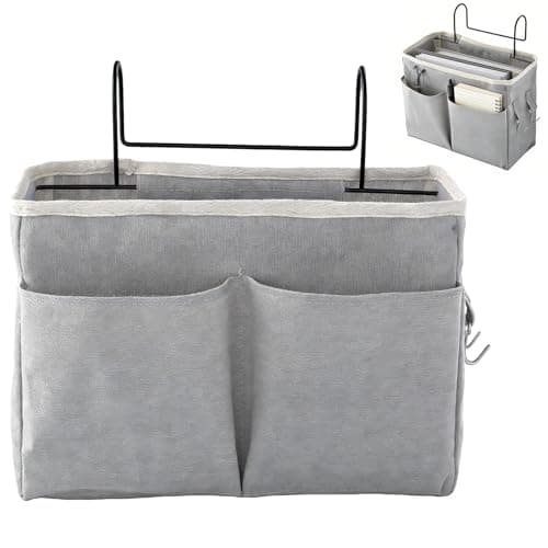 Image of Hiuyavy Bedside Hanging Storage, Storage Caddy with Hooks and Pockets, Bed Clutter Sorting Bag, Home Multifunctional Bedside Hanging Bag for Dormitory Bedroom School Bunk Bed (Grey)