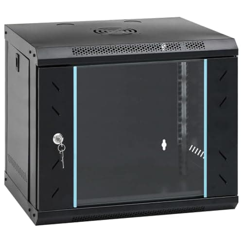 Image of vidaXL Network Cabinet with Storage Black 53 x 45 x 45 cm Steel, Modern Cabinet, Office Storage, Durable Electronic Components, Wall-Mounted Network Equipment, Tech Organizer for Workplaces