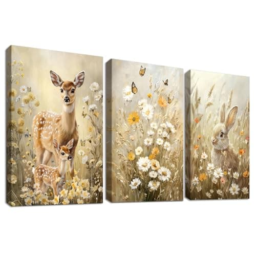 Image of Set of 3 Wooden Framed Easter Bunny Canvas Wall Art Nursery Rabbits Sika Deer Painting on Canvas Prints Rustic Wildflowers Field Pictures for Living Room Bedroom Hallway Wall Decor 40x60cm x3pcs