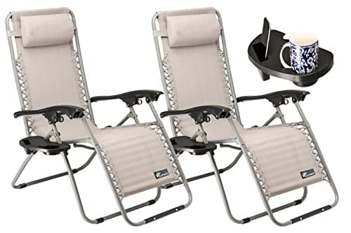 Image of SUNMER Set of 2 Sun Lounger Garden Chairs With Cup And Phone Holder - Deck Folding Recliner Zero Gravity Outdoor Chair - Grey/Grey