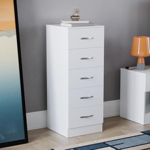 Image of Vida Designs 5 Drawer Narrow Chest Tall Bedroom Storage Unit Sliding Drawers Bedroom Furniture (White)
