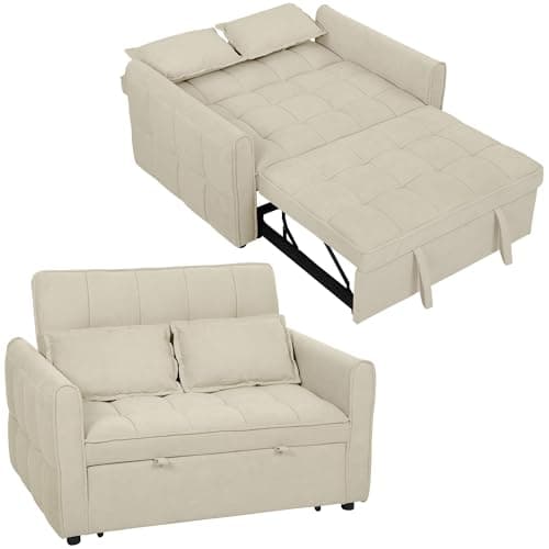 Image of HOMCOM 2 Seater Sofa Bed, 3-in-1 Convertible Sleeper Sofa with Click-clack Adjustable Backrest and 2 Pillows, Pull Out Corn Velvet-feel Fabric Bed Settee for Living Room, Guest Room, Light Brown