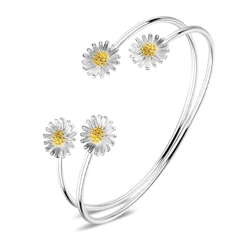 Image of Abeillo Silver Daisy Opening Bangle Bracelet Adjustable, Fidget Bracelet Bangle Jewelry Gift for Ladies Women Girls Birthday Valentine's Day Gifts Mother's Day Gift