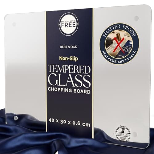 Image of Deer & Oak Glass Chopping Board - XL - 40x30cm, 6mm Thick Clear Tempered Glass Worktop Saver Cutting Board, Heat-Resistant Dining Place Mats Hob Protection with Non-Slip Feet