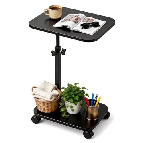 Image of Side Table with Wheels, C-Shape Sofa Desk Height Adjustable Swivel Sofa Table 360° Rotating Tray Space-Saving Coffee Snack and Bed End Table for Living Room Bedroom Bedside Couch (Black)