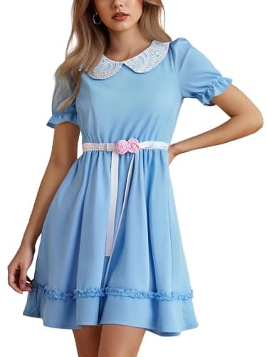 Image of Felcia Women’s Summer Mini Dress Sheer Mesh Puff Sleeve Doll Collar Short A Line Dress with Belt Theme Party Fancy Dress (C-Sky Blue, XL)