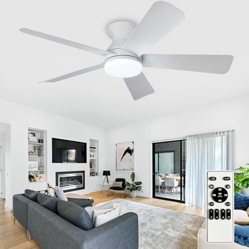 Image of Depuley Modern Ceiling Fan with Light: 42-Inch White Small Fans for Bedroom Indoor Outdoor - Dimmable Flush Mount Low Profile Ceiling Fans with Remote Control 5 Reversible White Blades 6 Speeds Timer