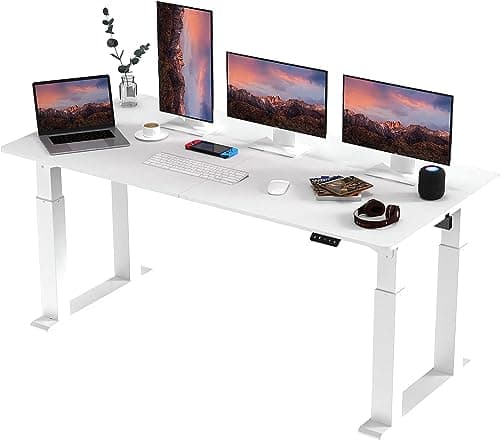 Image of SANODESK QS2+180 * 80cm Dual Motors Standing Desk Height Adjustable Desk with Splice Board Home Office Computer Workstation Electric Sit Stand up Desk, White Frame+ White Desktop