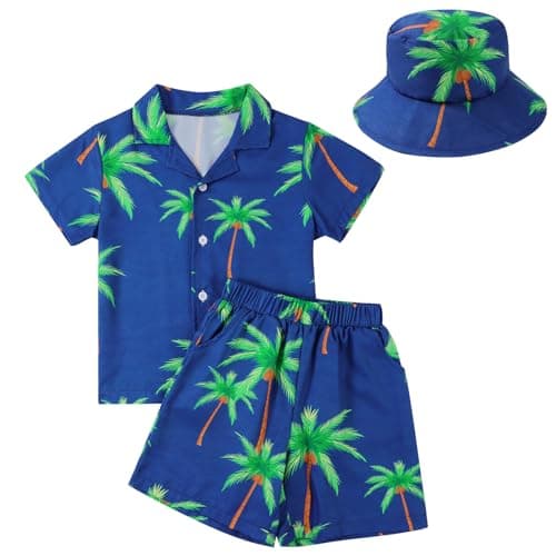 Image of Hotfiary Boys Hawaiian Outfits for 9-10 Years, Kids 3 Piece Summer Short Set Tropical Print Shorts & Button Down T-shirts & Hat, Casual Lapel Collar Short Sleeve Tops and Bottoms Clothes