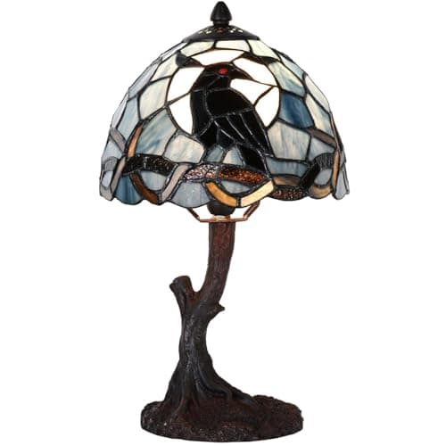 Image of Bieye Raven Sitting on Bare Tree Branch in Full Moon Night Tiffany Style Stained Glass Table Lamp for Home Decor (Dark Blue, 8Wx14H Small)