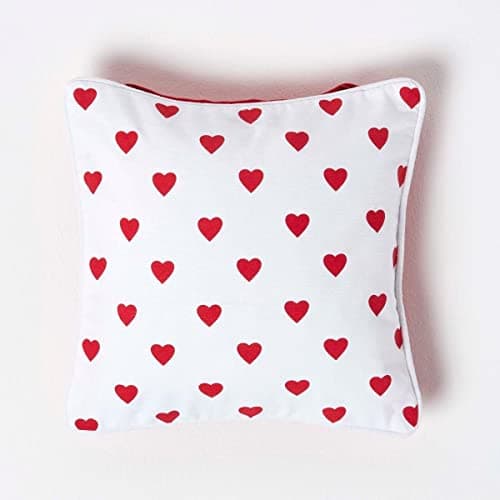 Image of HOMESCAPES - 100% Cotton - Love Hearts - Cushion Cover - 30 x 30 cm Square - 12 x 12 Inches - Red White - 100% Cotton Sofa Pillow Cushion Cover - Washable