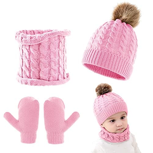 Image of Kunyeah 3Pcs Baby Beanie Hat Scarf Gloves Set Infant Knitted Cap Winter Warm Gloves Toddler Neck Warmer for Boys Girls 0-3 Years (Pink)