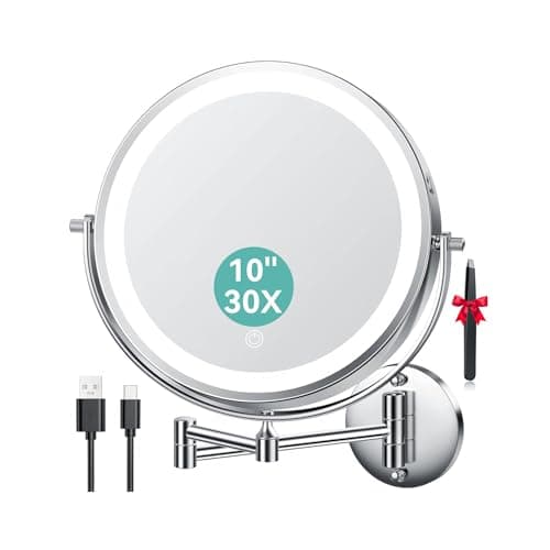 Image of Auxmir 10'' Wall Mounted Makeup Mirror, 5000mAh USB Rechargeable 30X Magnifying Mirror with Tweezer, Double-sided Shaving Mirrors with 3 Color Lights, 360° Swivel Bathroom Mirrors with Extendable Arm