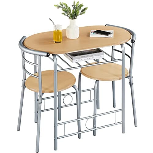 Image of Yaheetech 3 Piece Dining Room Set, Modern Round Dining Table & Chairs Set for 2, Compact Breakfast Bar Table Set with Metal Legs and Shelf, Built-in Wine Rack for Dining Room, Living Room, Natural