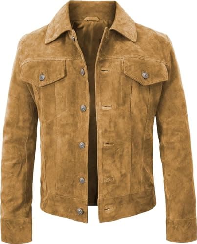 Image of Fashion_First Mens Brown Vintage Suede Leather Biker Jacket Western Cowboy Style Genuine Goat Suede Trucker Jacket Harrington Jacket