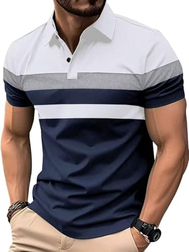 Image of Comilaka Men's Polo Shirts Short Sleeve Casual Striped Shirts Contrast Color Patchwork Summer T Shirts Dark Blue