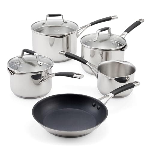 Image of Stellar Flow 5 Piece Draining Saucepan Set - Stainless Steel Cookware Set with Draining Lids, Easy-Pour; Internal Measurement Guides – Includes 14cm Milk Pan, 3 Saucepans, 24cm Non-Stick Frying Pan