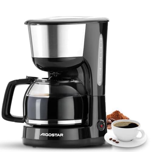 Image of Aigostar Filter Coffee Maker with 40-Min Keep Warm & Rapid Brew - 1000W, 1.25L, Anti-Drip & Reusable Filter, Fast Pour Over Drip Coffee Machine for Home/Office - Chocolate