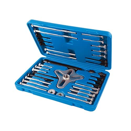 Image of Dapetz ® Harmonic Balancer Puller Set 46Pc 40-93mm With Zinc Plated Yoke And Bolts. It includes bolts, yoke, washers, thrust bolt, centring adaptor, flat shaft adaptor and tough storage case