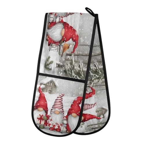 Image of Oven Gloves Double Oven Gloves Cute Red Gnomes Snow Oven Mitts Pot Holder Heat Resistant Quilted for BBQ Baking Kitchen Cooking Gloves