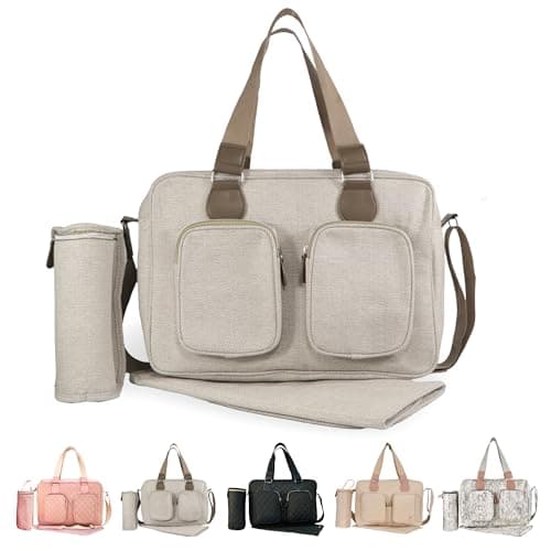 Image of My Babiie Changing Bag Tote - With Insulated Bottle Holder, Portable Changing Mat, Baby Travel Bag, Nappy Messenger Bag, 2 Front Pockets - Oatmeal Herringbone