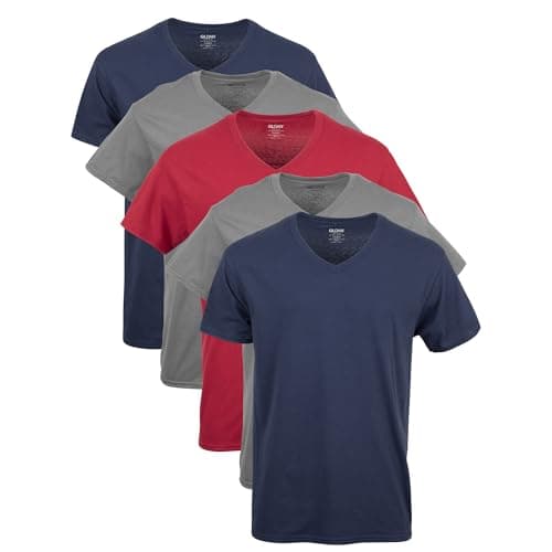 Image of Gildan Men's V-Neck T-Shirts, Multipack, Style G1103 Undershirt, Navy/Charcoal/Cardinal Red (5-Pack), L