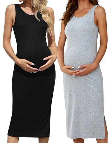 Image of Brynmama 2 Pack Casual Maternity Skirt Summer Pregnancy Dress Sleeveless Side Split Midi for Pregnant Women Black, Grey, Small