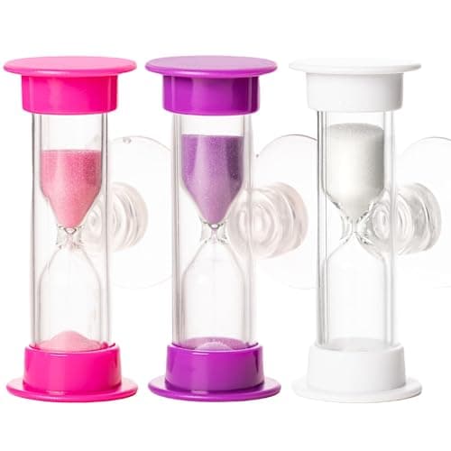 Image of 3PC Tooth Brushing 2 Min Sand Timer with Suction Cap, Dental Timer for Kids. Countdown, for Healthy Teeth (Pink, Purple & White)