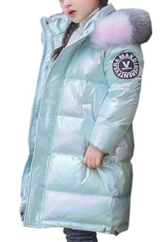 Image of Kids Girl Down Coat Toddler Hooded Jacket Puffer Outerwear Shiny Warm Snowsuit Children Teenage Parka Coats with Faux Fur Collar Blue 9-10 Years
