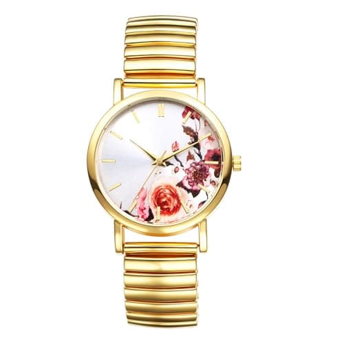 Image of JewelryWe Women's Adjustable Elastic Watch - Simple Flower Painted Dial Analog Quartz Watches Gold Stretch Expansion Band Wristwatch