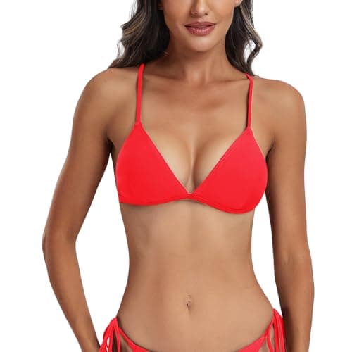 Image of FITTOO Bikini Top for Women Sexy Push up Basic Triangle Bikini Top with Adjustable Strings Padded Separates Swimwear Red M